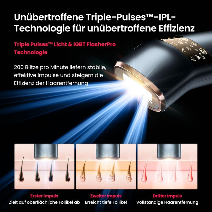Прилад для епіляції IPL з потрійним імпульсом, 12 см², охолодження сапфіровим льодом, для жінок та чоловіків, 3°C, безболісна та довготривала епіляція вдома, для обличчя, зони бікіні та паху, блакитний