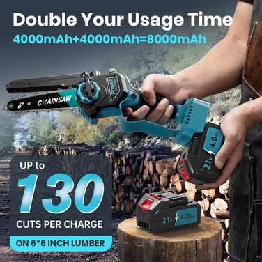 Акумуляторна міні-пила 8000mAh, безщіткова акумуляторна ланцюгова пила 6 дюймів, пила для гілок з автоматичним змащенням, 2 акумулятори 4000mAh, ручна акумуляторна пила сумісна з акумуляторами Makita 18V для різання деревини