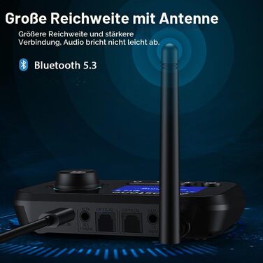Bluetooth 5.3 адаптер 3-в-1: передавач та приймач аудіосигналу для 2 навушників, з Bypass-перемикачем та регулятором гучності (AUX, Optical, RCA) для ТВ, ПК, стереосистем, чорний