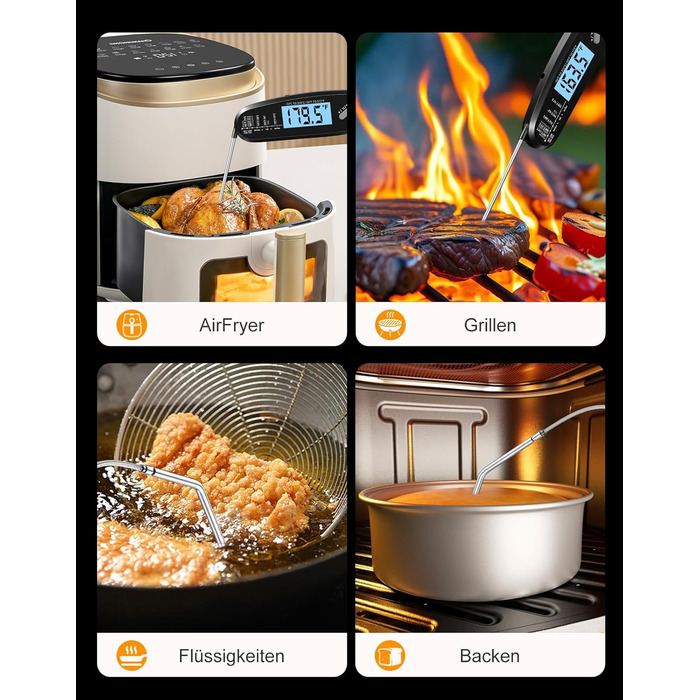 Термометр для м'яса Babacom з миттєвою індикацією та двома зондами, термометр для запікання з налаштуванням тривоги та калібруванням, термометр для гриля для кухні, духовки, цукру, рідин, BBQ, чорний