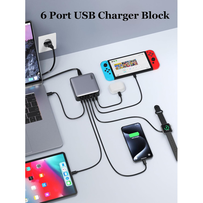 Мережевий адаптер USB-C на 6 портів 200W з GaN III Tech, PD+QC, з 4 USB-C та 2 USB-A, для ноутбуків та мобільних пристроїв (MacBook, iPad, iPhone, Samsung)