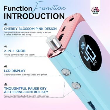 Електрична фрезер для нігтів Saviland 40000 об/хв, 12 в 1, професійний манікюр/педикюр, 4000mAh, USB, портативна, з набором фрезерних насадок, градієнтний колір