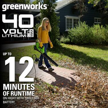 Акумуляторний повітродув Greenworks G40ABK2 з круїз-контролем, швидкість 177 км/год, потік 11,05 м³/хв, 40В 2Аг батарея та зарядний пристрій, гарантія 3 роки