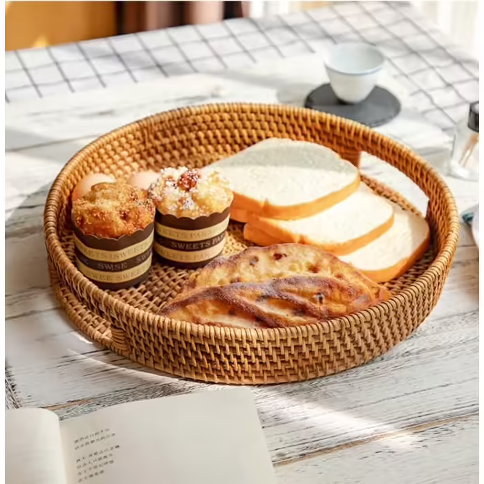Rattan Round Serving Tray, Woven Serving Tray with Cutout Handles, Fruit/Bread Serving Basket, 30 cm