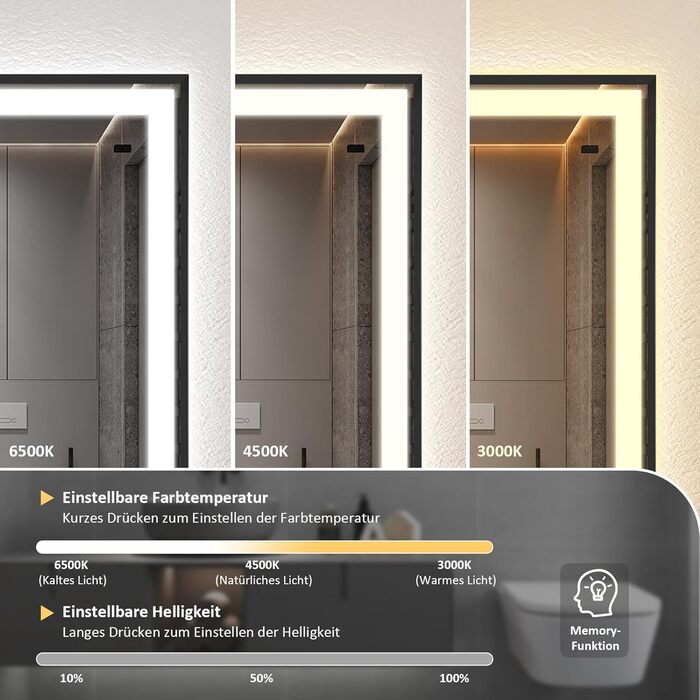 Дзеркало YOURLITE з підсвічуванням 70x50 см, LED дзеркало для ванної кімнати з годинником, сенсорне керування, 3 кольори світла, регулювання яскравості, антизапар, пам'ять, срібний (чорний-5070)