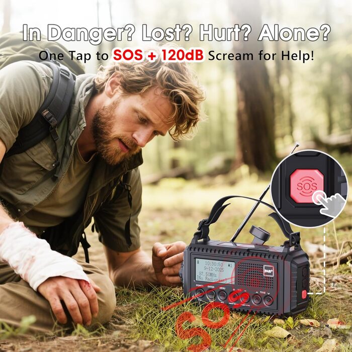 Радіо DAB/DAB+/UKW з вбудованим акумулятором 5000mAh, сонячне, аварійне, з USB-зарядкою, для кемпінгу, з LED-ліхтариком, SOS-сигналом, ручне, портативне, чорне