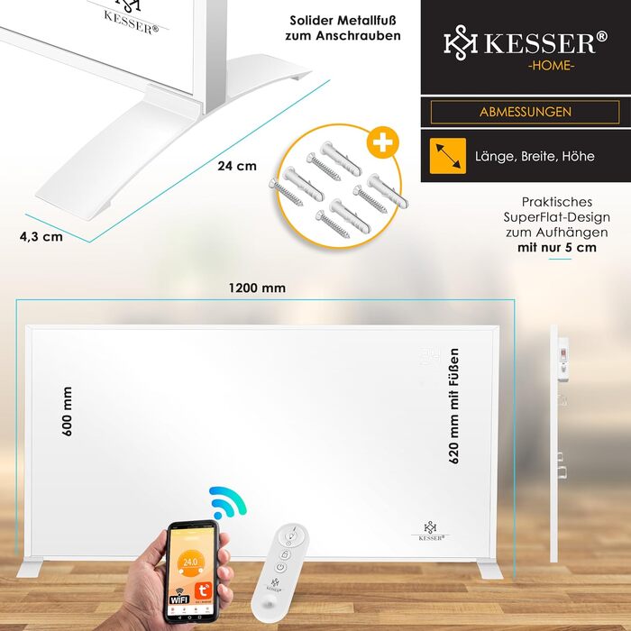 KESSER® Infrared Heater - Energy-Saving Infrared Standing Unit & Wall Mounting Electric Heater 700W with Remote Control, Thermostat & App Control, Electric Heating Panel, Heater Convector, Standing Feet, 700W, White