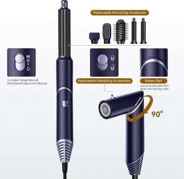 UKLISS 6-в-1 Аirstyler: Фен-щітка, Дифузор, Локон-щітка, Горячий повітря, Іонізація 60,000 U/min, Золотий (Синій)