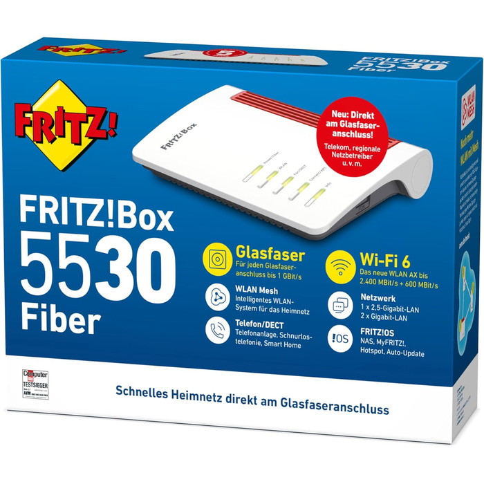 Роутер FRITZ!Box 5530 Fiber для підключення до оптоволоконного інтернету | Wi-Fi 6 (802.11ax), 2.5 Gigabit LAN, до 3 Gbit/s, сумісний з Німеччиною