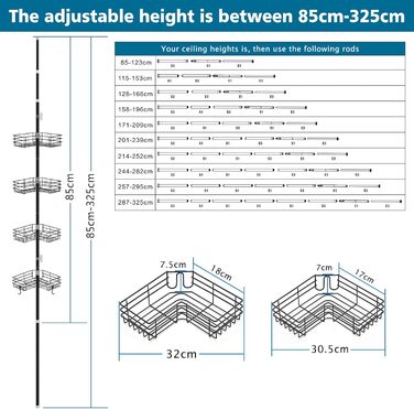 FIISAYL Shower Shelf No Drilling Telescopic Shower Shelf Metal Corner Shelf Bathroom Shelf with 4 Shower Baskets, Height Adjustable 85-325cm, Suitable for Bathtub Bathroom and Kitchen, Black