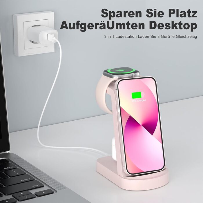 Бездротова зарядка 3 в 1 з адаптером 18W, сумісна з iPhone, Apple Watch, AirPods (Рожева)
