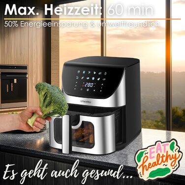 Hot Air Fryer 8 Liter 4 in 1 with Viewing Window, Mini Oven, Grill, Bake, Dehydrate, Fry. Hot Air Fryer, Fryer without Oil, Air Fryer, Hot Air Oven, Hot Air Grill, Dehydrator.