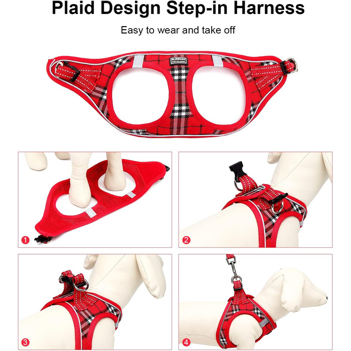 Шлейка для собак Suredoo для маленьких собак з повідком, анти-тягнуча, світловідбиваюча, дихаюча, нагрудна, для цуценят (Червоно-біла клітинка, M, Обхват грудей: 34-39см)