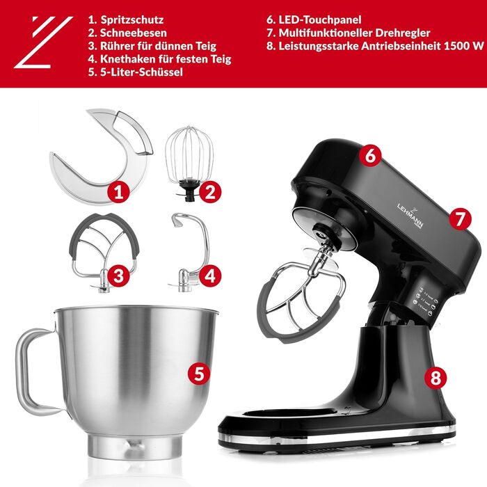 Кухонна машина Lehmann з дисплеєм, 12 швидкостей, функція ферментації з підігрівом, вбудована вага, таймер, міксер з 3 насадками та 5л чашею