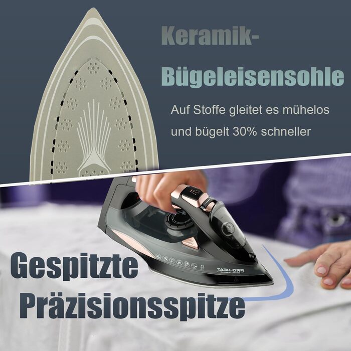 Праска 3000W з керамічною підошвою - праска з парою, самоочищення, резервуар 340мл, автоматичне вимкнення (чорна)