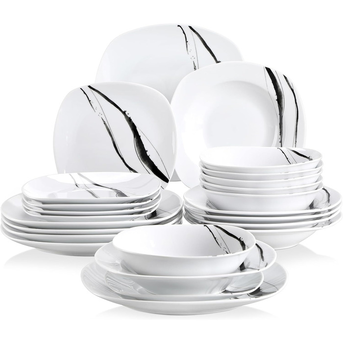 VEWEET Набір посуду з порцеляни для 4 осіб (24 елементи), серія FIONA: чорно-сірий декор, 12 елементів (тарілки та миски), підходить для щоденного використання, миється в посудомийній машині та розігрівається в мікрохвильовці