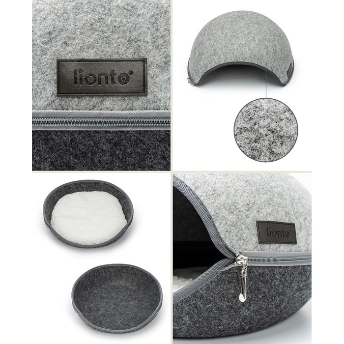 Lionto Cat Cave made of durable felt, cozy cuddle cave with zipper, 46x38x24 cm, comfortable and modern cat bed with soft and washable cushion, grey