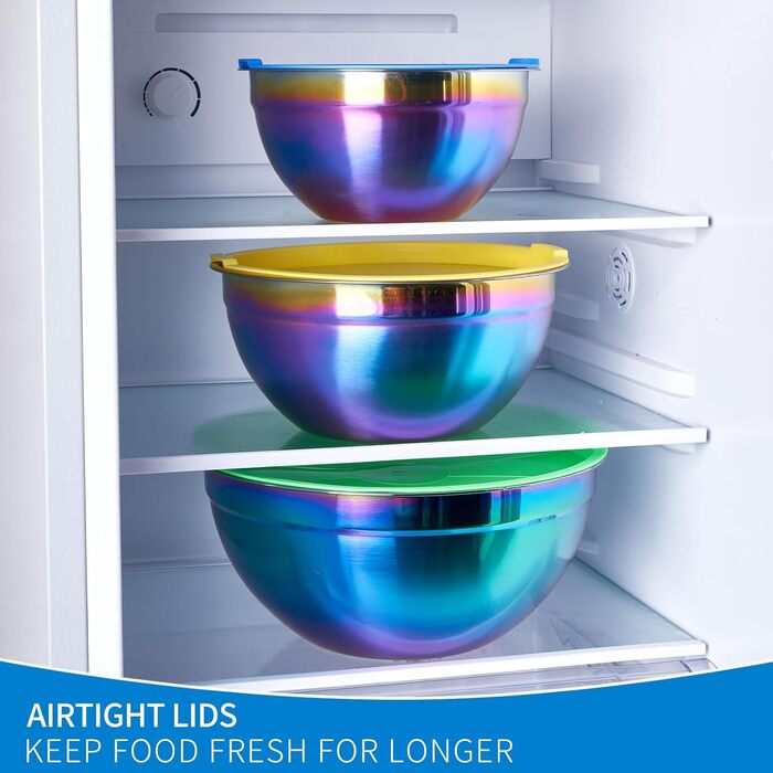 Набір змішувальних мисок Onlycooker Rainbow з кришкою, 18/10 нержавіюча сталь, 4 шт., 1.5, 2.1, 3.6, 5.5 л, для салатів та приготування їжі