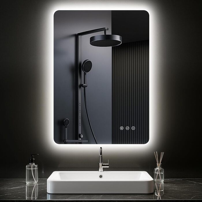 Дзеркало для ванної кімнати з підсвічуванням 50 x 70 см, LED дзеркало з протизапарюючим покриттям, 3 кольори світла, регулювання яскравості, прямокутна форма, сенсорне управління, функція пам'яті, горизонтальне/вертикальне кріплення, без рамки