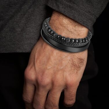 Чоловічий шкіряний браслет Lederarmband з магнітною застібкою з нержавіючої сталі, плетінка, 20.5 см, чорний + Подарункова коробка