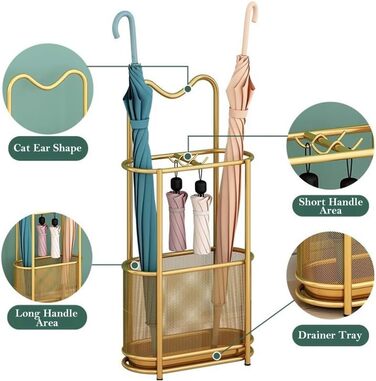 Металева підставка для парасоль та тростинок SINBINTA, з гачками та піддоном, для прихожого/входу (Золота)