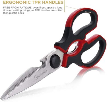 Універсальні кухонні ножиці 21 см з нержавіючої сталі, для риби, птиці, горіхів, з захистом леза, миючі в посудомийній машині, для лівшів, червоні