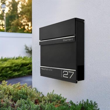 Поштова скринька Metzler Anthrazit RAL 7016 з газетницею та номером будинку – персоналізована лазерним гравіюванням – сучасний поштовий ящик з табличкою, водонепроникний та стійкий до іржі | Модель Hermann
