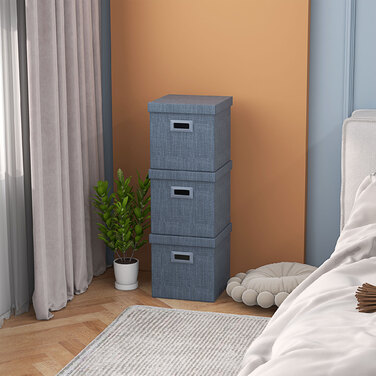 HOMCOM Storage Boxes 3-Piece Set, Stackable Storage Cubes, Foldable Storage Box for Living Room, Bedroom, 30 x 30 x 29 cm, Blue | Aosom