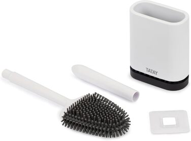 ТАТАЙ Щітка для унітазу з нержавіючої сталі з підставкою | Сучасний дизайн | З внутрішнім контейнером | Легко миється | Для гігієни у ванній кімнаті | 9 x 9 x 37 см | Силіконова щітка