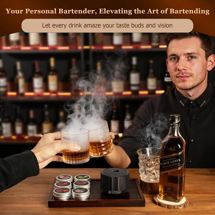 Електричний набір для копчення коктейлів з 4 режимами підсвічування, перезаряджуваний, для віскі, 6 дерев'яних стружок, без бутану, подарунок для чоловіків, батьків, коханих FY01