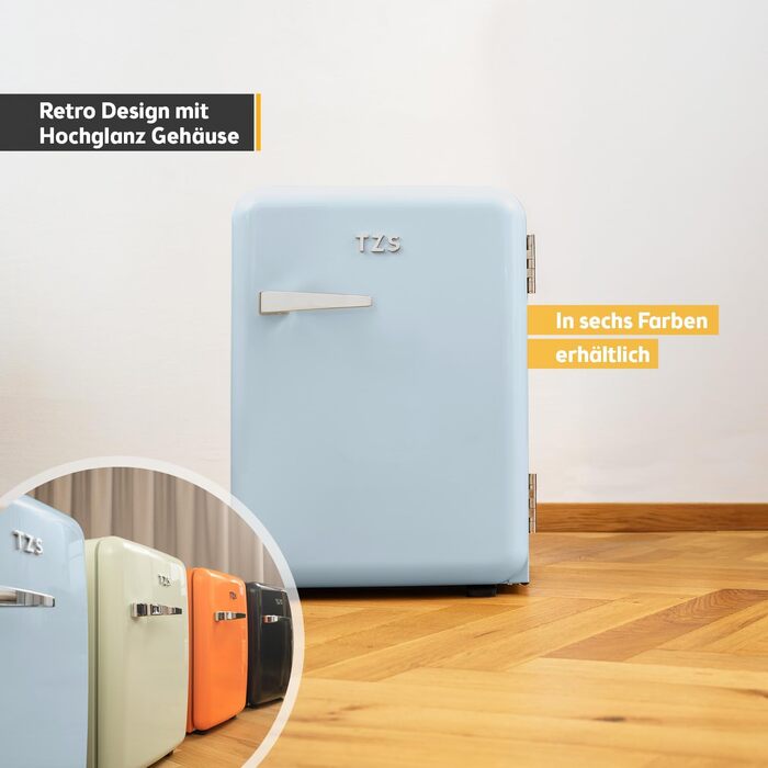 Холодильник мініатюрний TZS First Austria Retro 40L, блакитний. Безшумний, з підсвіткою та 2 полицями. Ідеально для кемпінгу, офісу, спальні, готелю.