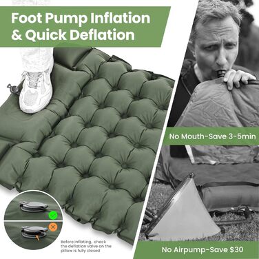 ROPODA Self-Inflating Camping Mat with Pillow & Foot Pump - Ultralight Waterproof Sleeping Pad for Outdoor, Camping, Hiking (Green & Gray)