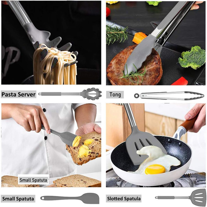 Набір кухонних аксесуарів Umite Chef, 15 предметів, силікон, сірий. Підходить для посуду з антипригарним покриттям