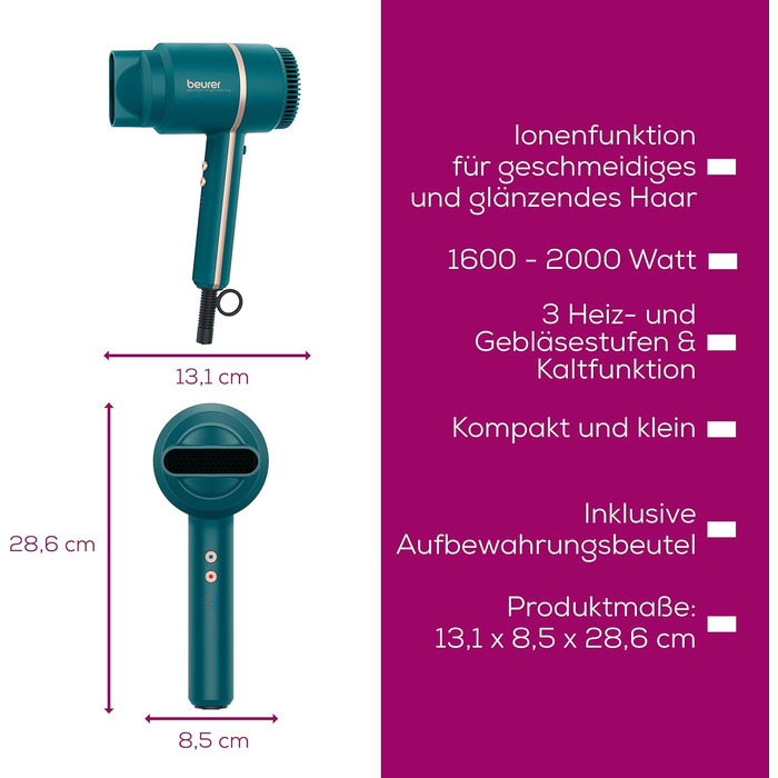 Фен Beurer HC 35 з іонізацією та насадкою для стайлінгу, 1600-2000 Вт, LED-дисплей, сумка, Petrol