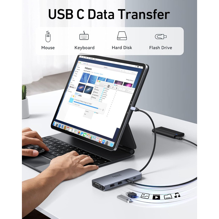 Док-станція для 2 моніторів, USB-C хаб 8 в 1: адаптер DisplayPort, HDMI, VGA, USB 2.0, PD 100W, для ноутбуків Dell, Thinkpad, Huawei (сірий)