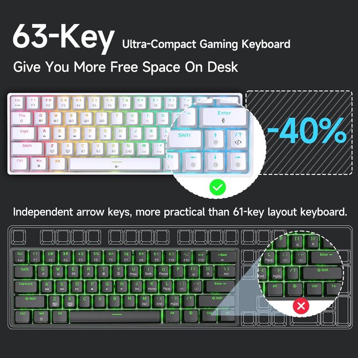 Ігрова клавіатура TMKB T63 з механічними синіми вимикачами, Bluetooth/2.4G/з кабелем