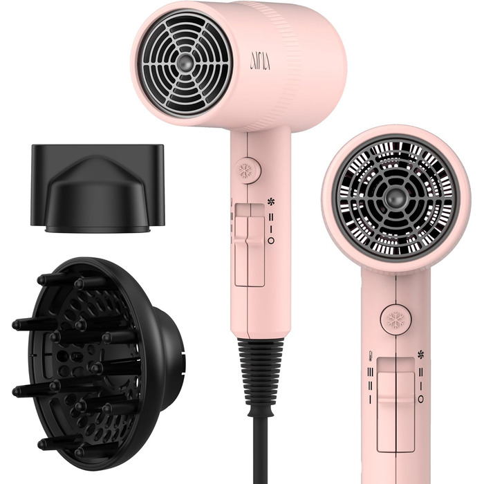 Фен AINA з дифузором для волосся | Іон-технологія, керамічне покриття, холодний струмінь | Швидке сушіння та блиск | 230v~, Baby Rosa