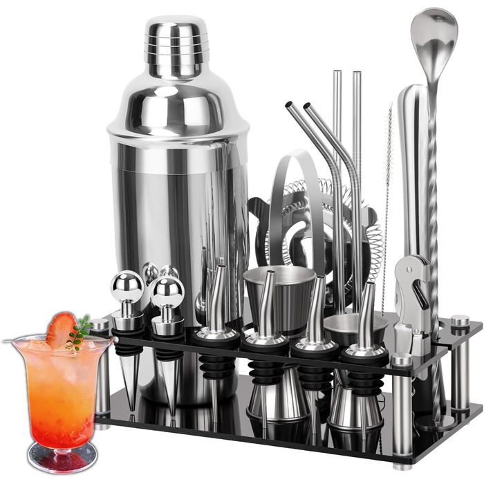 Набір бармена Cinnani 20 предметів: шейкер, аксесуари для бару, підставка, з нержавіючої сталі. Подарунковий набір для приготування коктейлів