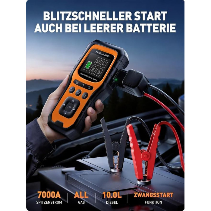 TREKURE 7000A Пусковий пристрій (Powerbank) для авто з тестером акумулятора та OBD2 діагностикою – 12V для бензину/дизеля до 10л, LED ліхтар, аварійний інструмент для легкових авто