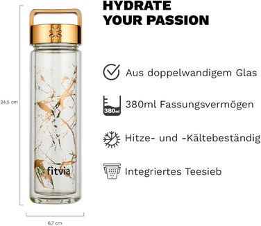 Термопляшка Fitvia 380 мл з подвійними стінками, мармуровий дизайн, сито для чаю, зручна ручка (Золотий мармур)