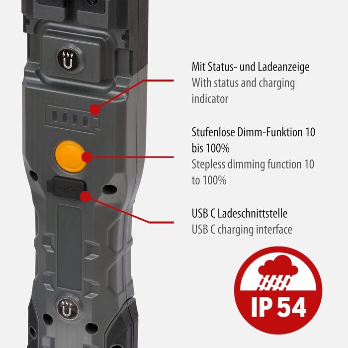 Акумуляторний LED ліхтар Brennenstuhl HL 1000 A IP54 для роботи на вулиці, 1000+200 лм, до 24 годин, COB LED, магніт, гачок, USB-C