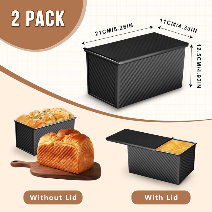 Форма для випічки хліба 2 шт з кришкою, антипригарна, 450г (1lb), для тостів, сендвічів, кексів (Чорна)
