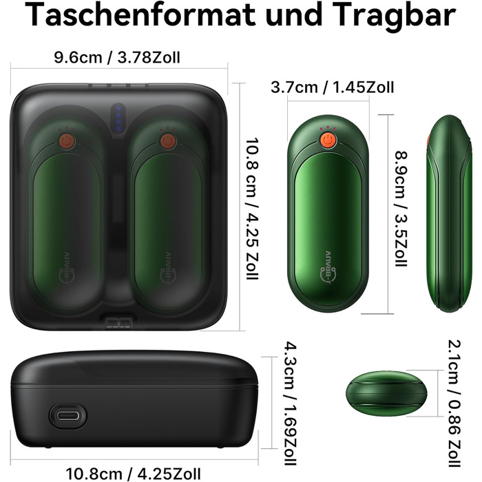 Електричні грілки для рук 2 шт. з акумулятором 2000mAh, 10000mAh зарядний пристрій, 5 режимів нагріву, USB, до 24 годин, для дітей, чоловіків, жінок (зелений, кишеньковий)