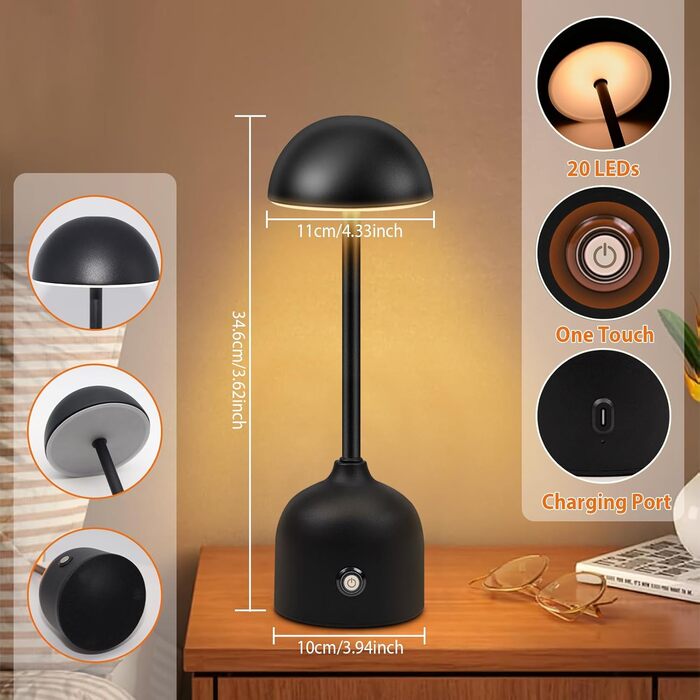 LED настільна лампа бездротова диммерна акумуляторна торшер Touch 3000k/4000k/5000k, 4500mAh, чорна, для дому, бару, готелю, вітальні, їдальні, USB, 1 шт.