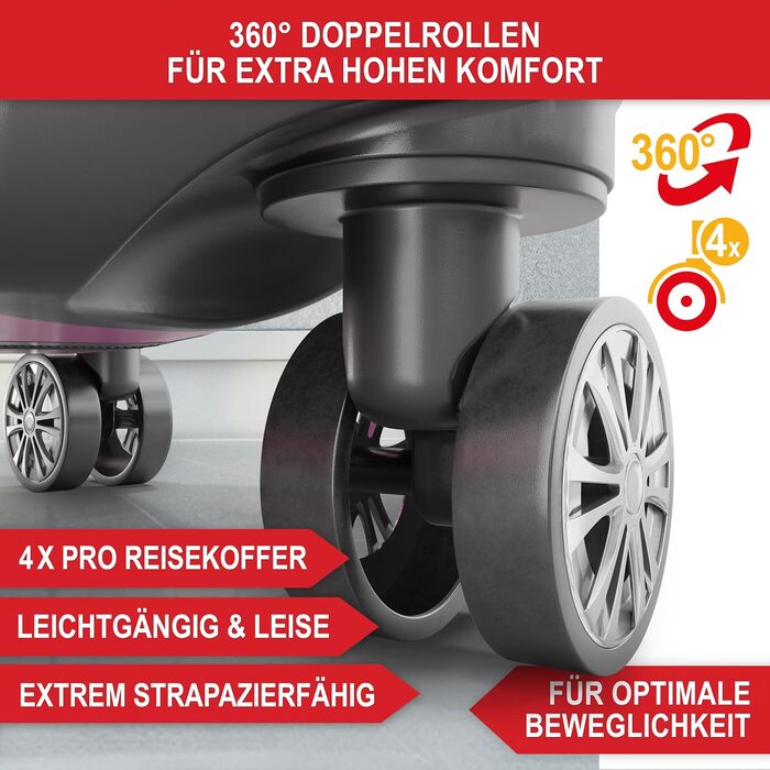 Преміум набір валіз 4 шт. – жорсткі валізи з TSA-замком, USB-порт – плюс ваги для валіз, ремені, адресники, тримач для напоїв, чохол для взуття, захисні чохли, рожевий