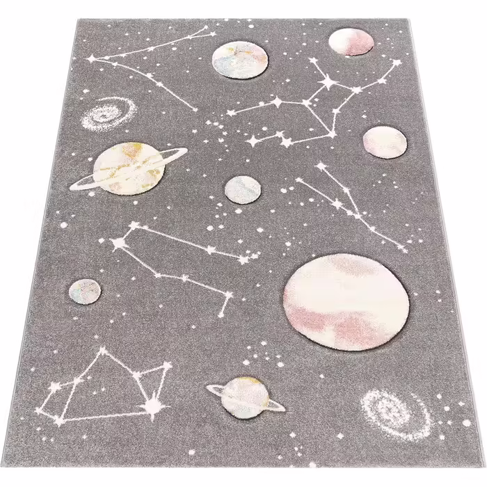 Paco Home Kids Rug, Play Rug for Children's Room with Planets and Stars, in Grey, Size: Ø 120 cm Round