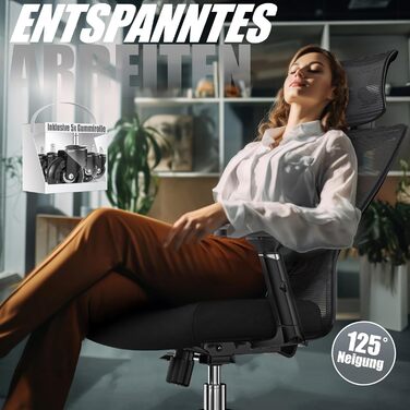 Офісне крісло KESSER® ергономічне з регульованими підлокітниками, поворотне з підтримкою попереку, з підголівником, функція гойдання до 125° з 5 колесами, чорний/срібний