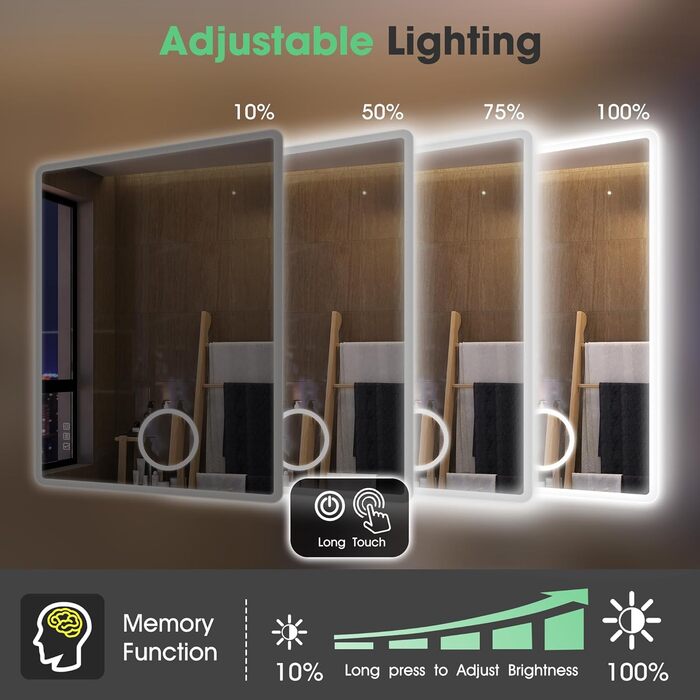 Дзеркало для ванної кімнати S'bagno з підсвічуванням 80x60 см, LED, Bluetooth, протитуманне покриття, 3 кольори, диммування, пам'ять налаштувань, загартоване скло, IP44, водонепроникність, горизонтальне/вертикальне встановлення