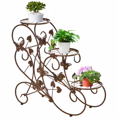 Outsunny 3-Tier Flower Stand, French Style Metal Plant Shelf in Bronze, 76x27x67cm for Garden Balcony