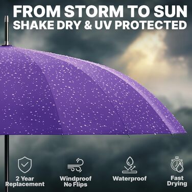 Гольф-парасолька Royal Walk XXL 54 дюйми (137 см) для 2 особи, автоматична, стійка до вітру, водонепроникна, з дерев'яною ручкою, 16 ребер, унісекс, лілова